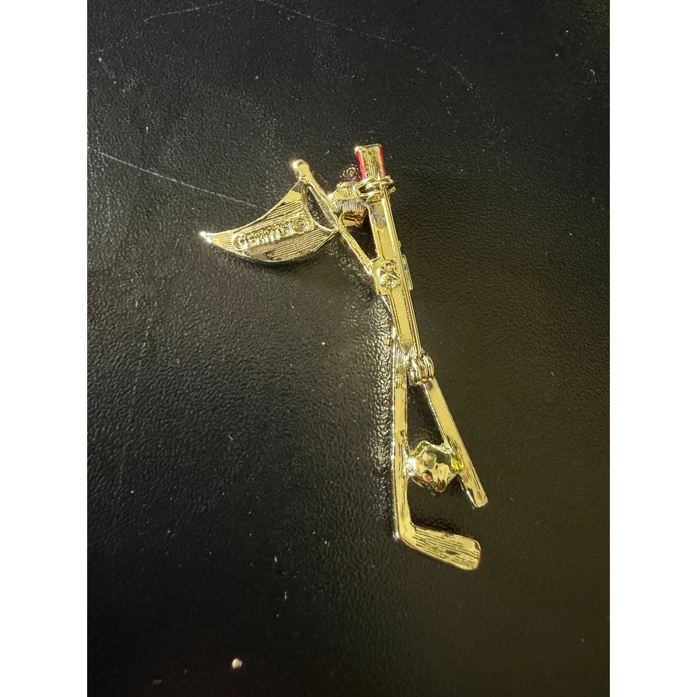 Vintage Gerrys Gold Tone Golf Clubs Balls Brooch Red Enamel Faux Pearl Novelty